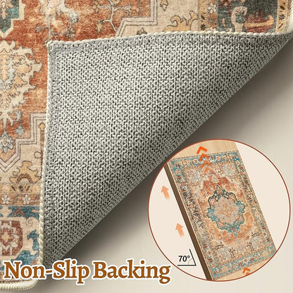 Tangsoo 2x5 Washable Runner Rug for Hallways, Non Slip Vintage Runner Rug, Soft Low Pile Long Rug Runner, Print Distressed Carpet Runners for Kitchen Bedroom Entryway Bathroom Living room Rusty Orange