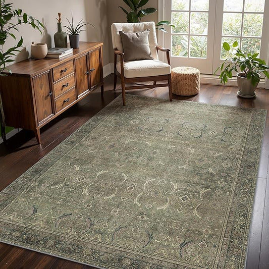 9x12 Area Rug Machine Washable Boho Rug for Living Room,Ultra-Thin Low Pile Carpet,Lightweight Indoor Printed Rug,Non Slip Floral Area Rug for Bedroom, Dining Room, Home Office,Muted Green