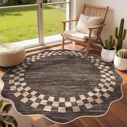 GarveeHome Scalloped Round Rug 4ft Modern Solid Color Circle Rugs Non Slip Low Pile Living Room Throw Carpat Washable Bedroom Scalloped Round Area Rug Stain Resistant Bordered Rug for Kitchen, Brown