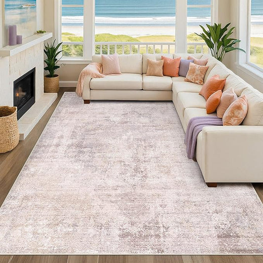 Pink and Grey Living Room Medallion Rug 7x10 - Modern Washable Area Rug for Living Room, Dinning Room, Non Slip Thin & Soft Carpet