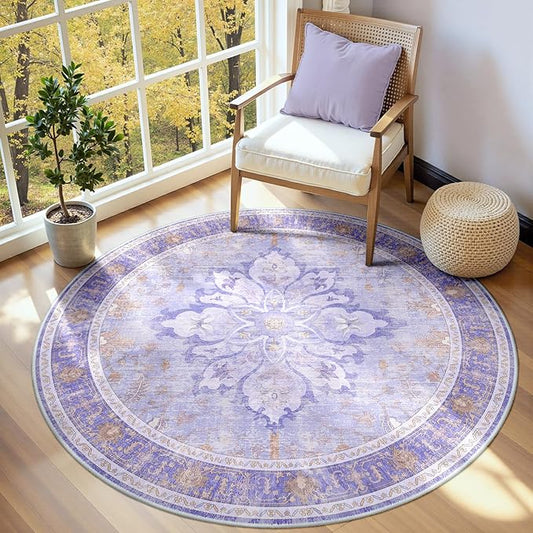 Area Rugs 4ft Washable Non-Slip, Floral Vintage Distress Print Pattern Medallion Carpet for Living Room Bedroom Dining Room, Light Purple Brown