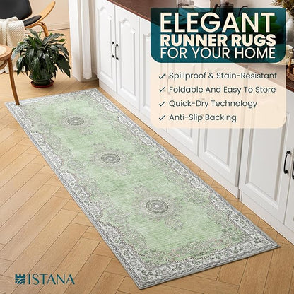 Istana Hallway Runner Rug 2.5x8 - Green Kitchen Rugs Non Slip Washable -Silk's Soft Touch Carpet Runner - Stylish Rugs for Home