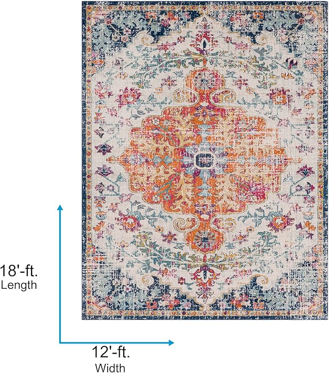 Livabliss Area Rugs - 12x18 Odelia Vintage Boho Aqua Off-White Blue Area Rug for Living Room Bedroom - Floral Medallion Stain Resistant Carpet for Kitchen, Nursery, Office (12' x 18')