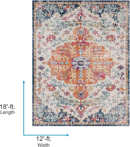 Livabliss Area Rugs - 12x18 Odelia Vintage Boho Aqua Off-White Blue Area Rug for Living Room Bedroom - Floral Medallion Stain Resistant Carpet for Kitchen, Nursery, Office (12' x 18')