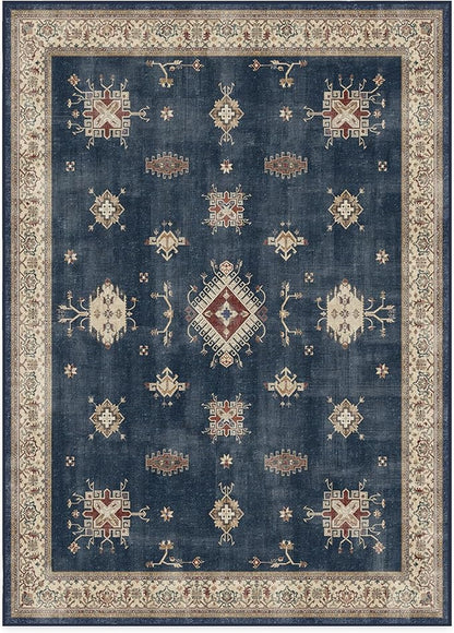 RUGGABLE Washable Vintage Area Rug – Verena Sapphire 10x14, Stain-Resistant, Non-Slip – Large Machine Washable Rugs for Living Room, Bedroom, Hallway, Entryway & Office–with Standard Pad