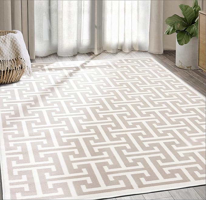 Abani Contemporary 3D Beige & White Modern Greek Key Pattern Area Rug - Geometric Meander 7'9" x 10'2" Arto Collection Neutral Rug Rugs