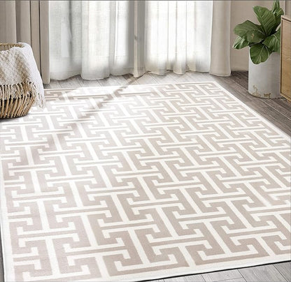 Abani Contemporary 3D Beige & White Modern Greek Key Pattern Area Rug - Geometric Meander 4' x 6' Arto Collection Neutral Rug Rugs