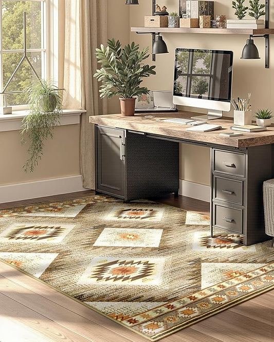 Area Rug 3x5 Rug Machine Washable Non-Slip Low Pile Print Pattern Western Rug for Living Room Bedroom Entryway Tribal Series -Cream/Camel