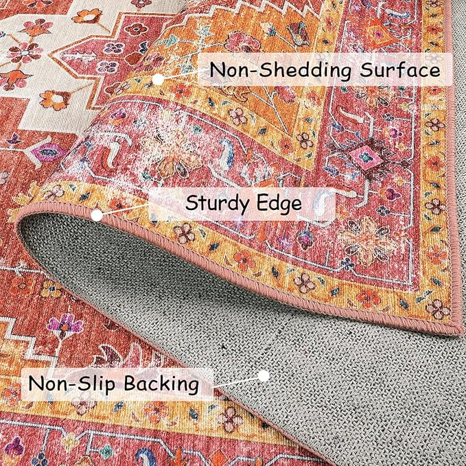 Moynesa Ultra-Thin Pink Area Rug - 9x12 Large Bedroom Rugs for Living Room Non-Slip Non-Shedding Dining Room Mat, Vintage Indoor Floor Carpet for Girls Nursery Playroom Office