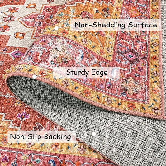 Moynesa Ultra-Thin Washable Pink Area Rug - 2x3 Small Pink Washable Bedroom Rug Entry Mat, Vintage Non-Slip Non-Shedding Low Pile Indoor Throw Carpet for Laundry Living Room Hardwood Floors Kitchen