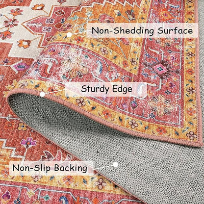 Moynesa Ultra-Thin Washable Vintage Area Rug - 3x5 Boho Girls Bedroom Non-Slip Non-Shedding Oriental Medallion Living Room Mat Indoor Carpet for Office Nursery Room, Pink/Teal/Multi