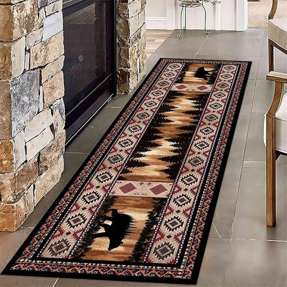 Rustic Cabin Bear Runner Rug, 3.3x7ft, Native American Long Runner Rug, Wildlife Black Bear Forest Hallway Rug, Vintage Brown Non-Slip Washable Southwestern Style Rug for Entry Kitchen