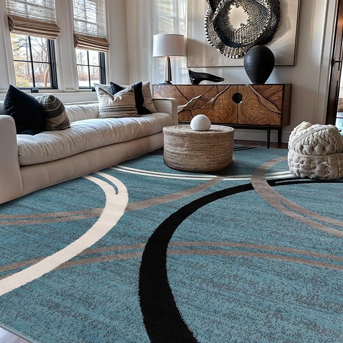 Rugshop Modern Wavy Circles Design Area Rug, Fade-Resistant Carpet for Living Room, Bedroom, or Office, Blue, 6'6" x 9'