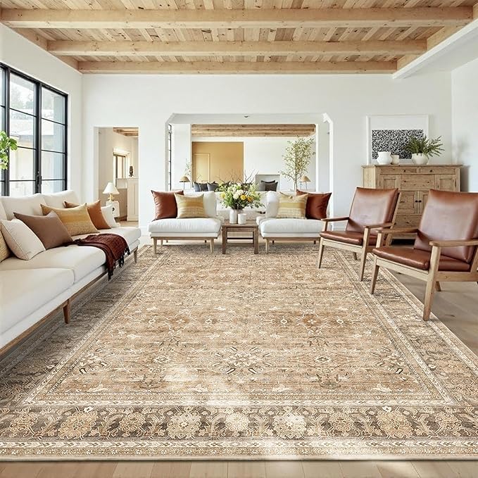 HelloTree Washable Rugs 9x12 Area Rug for Living Room, Vintage Boho Khaki Rug Non Slip Carpet Retro Accent Indoor Mat Print Distressed Low Pile Throw Large Rug for Office Dining Room Bedside-Khaki