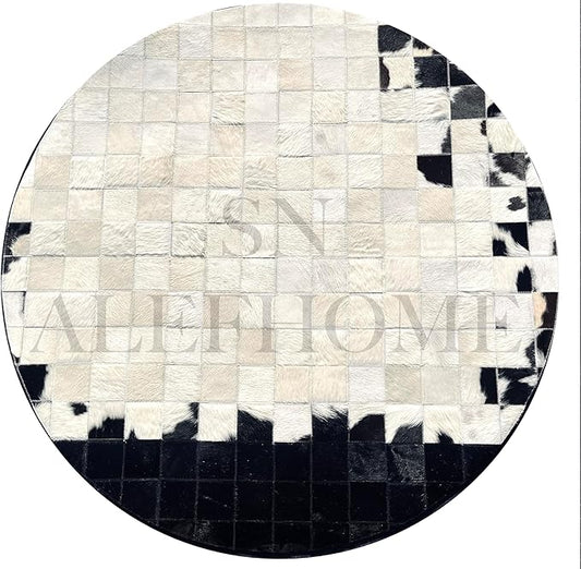 Round Geometric Patchwork Cowhide Leather Area Rug – Washable Non-Slip Modern Carpet for Living Room, Bedroom, Office & Home Décor, Faux Cowhide Accent Rug (Black & White, 7×7ft)