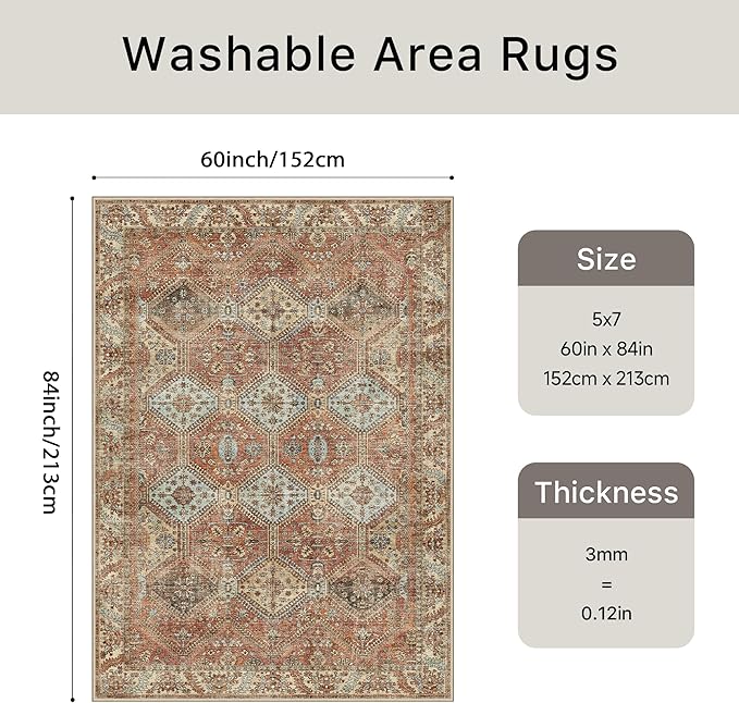 Bavni Clearance 5x7 Area Rugs for Living Room, Machine Washable Rug Non Slip, Vintage Chenille Distressed Print Carpet, Large Low Pile Ultra-Thin Lightweight Rugs for Bedroom, Dining Room, Spice Sky