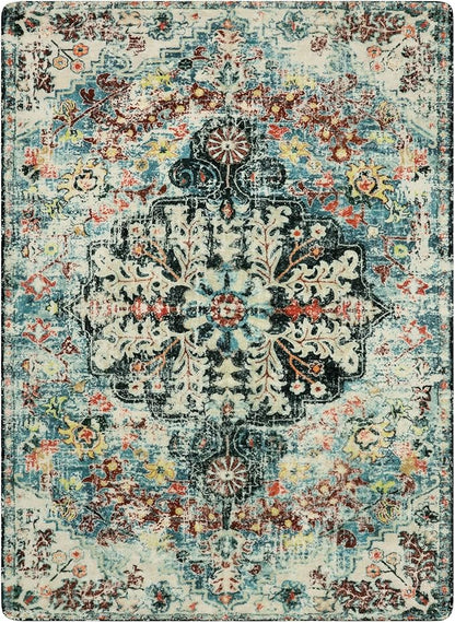 Lahome Bohemian Floral Medallion Area Rug - 4x6 Teal Soft Bedroom Rug Washable Entryway Mat, Non Slip Pet Friendly Indoor Floor Accent Carpet for Bathroom Mudroom Basement Studio