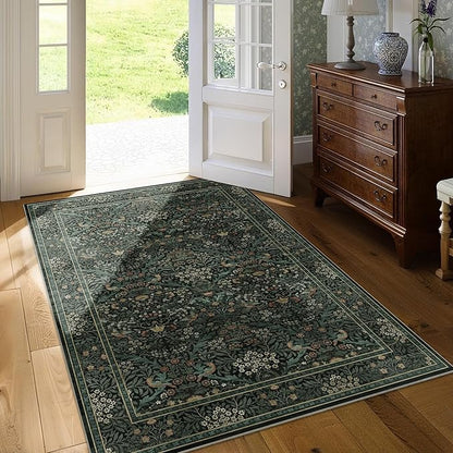 3x5 Floral Washable Area Rug for Living Room, Vintage Boho Rug for Bedroom Dining Room， Distressed Botanical Birds Non Slip Low Pile Forest Animal Throw Carpet for Farmhouse Office, Dark Green