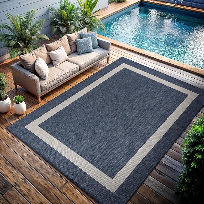 CAMILSON Outdoor Rug 5x7, Modern Outside Rugs for Patios Porches Waterproof Durable Washable Non-Shedding, Easy-to-Clean Indoor Outdoor Area Carpet (5 x 7, Bordered - Blue/White)