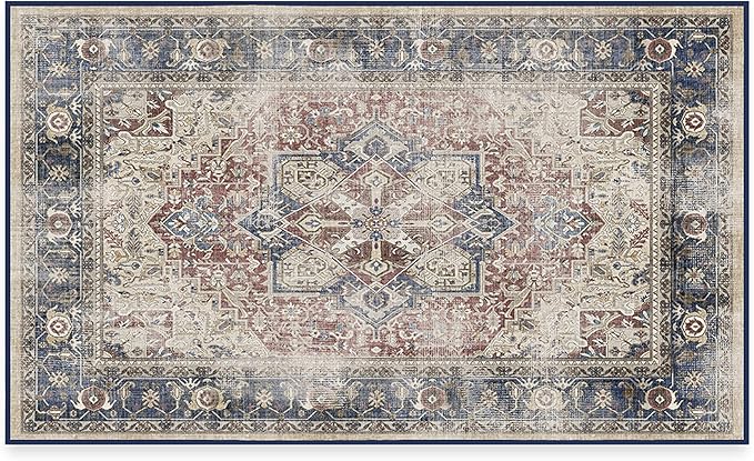 RUGGABLE Washable Vintage Area Rug – Kamran Royal Blue 3x5, Stain-Resistant, Non-Slip – Small Machine Washable Rugs for Living Room, Bedroom, Hallway, Entryway & Office–with Cushioned Pad