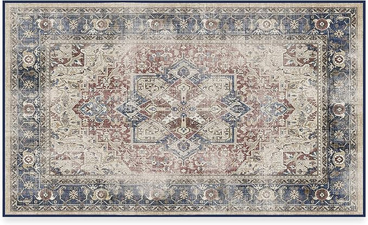 RUGGABLE Washable Vintage Area Rug – Kamran Royal Blue 3x5, Stain-Resistant, Non-Slip – Small Machine Washable Rugs for Living Room, Bedroom, Hallway, Entryway & Office–with Cushioned Pad