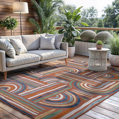 CAMILSON Indoor Outdoor Rug, Orange 5x7 Geometric Arch Striped Area Rugs for Patio and Home Areas, Easy-Cleaning Non-Shedding Living Room, Garden and Deck Washable Outside Carpet (5 x 7)