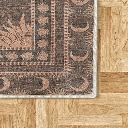 Ambesonne Sun and Moon Decorative Rug, Bohemian Artwork Design of Crescent Solar Ornament Esoteric Stars Ornaments, Quality Carpet for Bedroom Dorm and Living Room, 2' 2" x 3' 7", Pale Rust