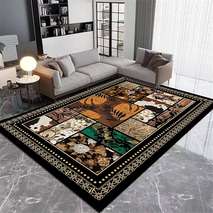 Floral Tropical Patchwork Area Rug 3x4ft, Vintage Black & Brown Country Carpet, Low Pile Non-Slip Mat for Cozy Bedroom, Dining Room, Farmhouse Decor