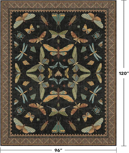 Black Washable Insect Area Rugs 8x10 for Living Room, Bedroom, Dining Room Under Table, Playroom, Large Dark Whimsical Boho Indoor Rug, Ultra Soft Low Pile Non Slip