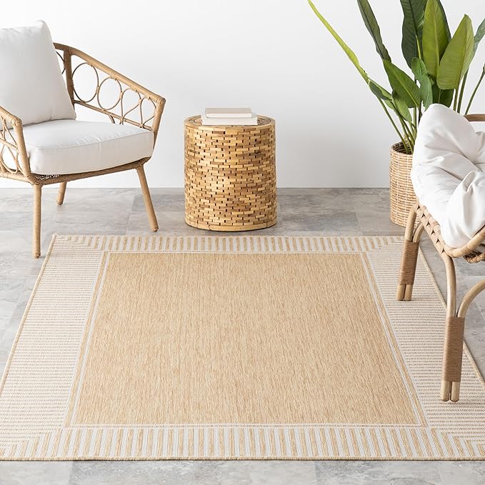 Nuloom Asha Tan/Ivory, 5' x 8', Casual, Striped Border, Soft and Cozy, High Traffic, Stain Resistant, Easy Clean, Durable Area Rug for Indoor/Outdoor Patio, Deck, Porch, Garden, Courtyard