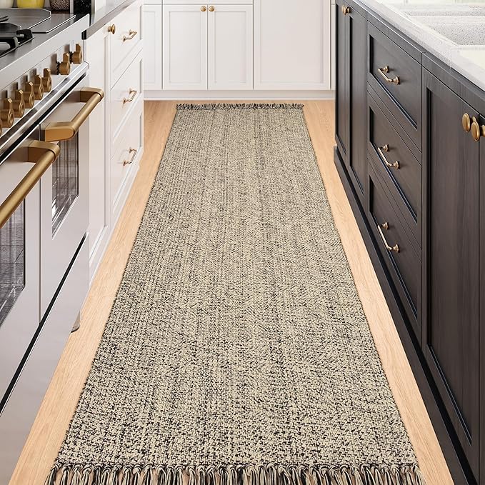 Collive Long Carpet Runners for Hallways 2.6x8ft, Washable Kitchen Rug Indoor Sink Rug, Natural/Black Woven Entryway Runner Rugs Low-Profile Front Door Floor Rug for Laundry Room Bedroom Outdoor Decor