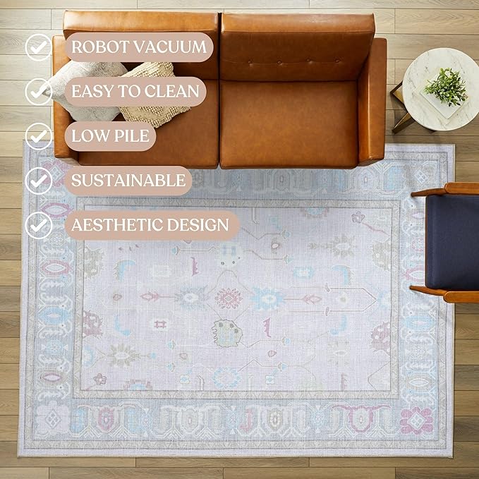 Fame Living Faded Oushak Rug, Turkish Vintage Floral Pastel Large Oversized Area Rugs for Living Room Dining Bedroom Kitchen Bathroom Nursery (854PW, 2'5" x 13')