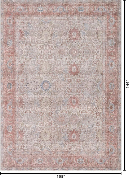 Kuden 9x12 Large Area Rug, Machine Washable Area Rug with Non-Slip Backing, Vintage Style, Soft, Easy Clean, Low Pile Rug for Living Room, Bedroom, Dining Room
