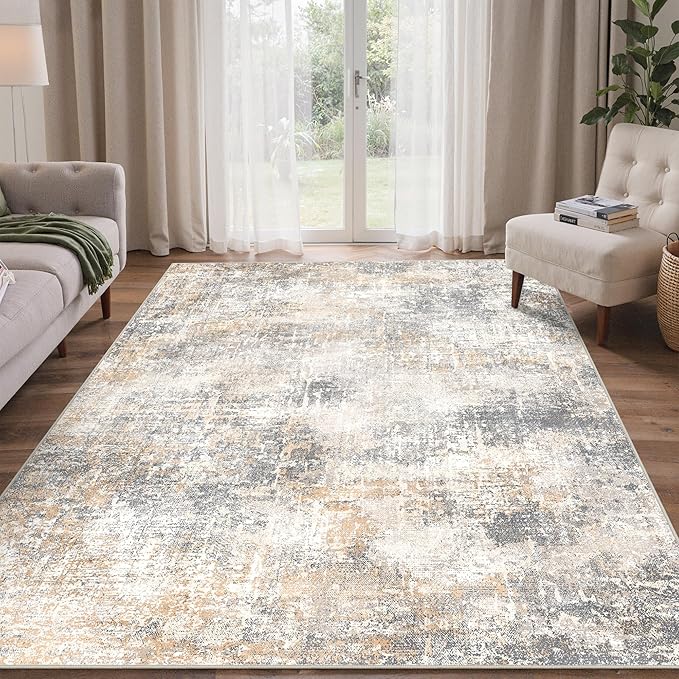 Bavni 8x10 Area Rugs Machine Washable Rug for Living Room, Modern Printed Rug Indoor Soft Area Rug for Bedroom Dining Room, Ultra-Thin Low Pile Carpet with Non Slip Rubber Backing, Beige Gray