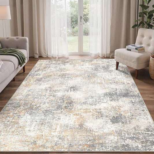 Bavni 8x10 Area Rugs Machine Washable Rug for Living Room, Modern Printed Rug Indoor Soft Area Rug for Bedroom Dining Room, Ultra-Thin Low Pile Carpet with Non Slip Rubber Backing, Beige Gray