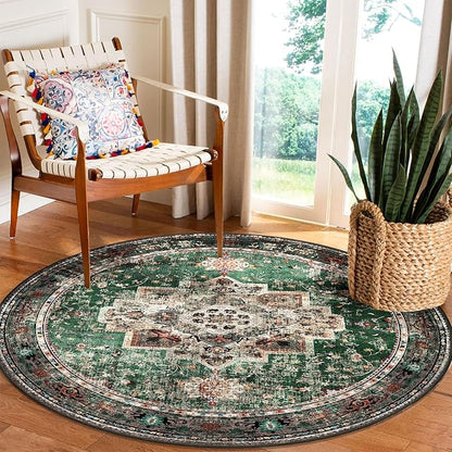 Round Rug 4ft for Bedroom, Green Washable Circle Rug Non-Slip Boho Area Rug 4' Round Carpet for Dining Room Kitchen Dorm Bathroom Low Pile Soft