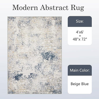 4x6 Washable Area Rugs - Modern Abstract Rugs for Living Room Non-Slip Low Pile Soft Machine Washable Carpet for Bedroom, Dining Room, Nursery, Home Office, Farmhouse (4'x6' Beige Blue)