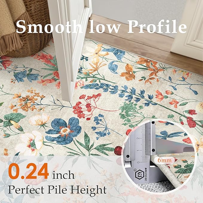Floral Runner Rug 2x10 Washable Hallway Long Beige Bedroom Carpet Non Slip Indoor Boho Kitchen Low Pile Accent Rug Lightweight Soft for Bathroom Dining Laundry Living Room