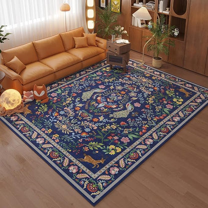 Rugcomf Area Rug 4x6 Rug Washable Rugs Floral Non Slip Low Pile Small Carpet for Bedroom, Bedside, Kids Room, Office, Dining Room(Blue)