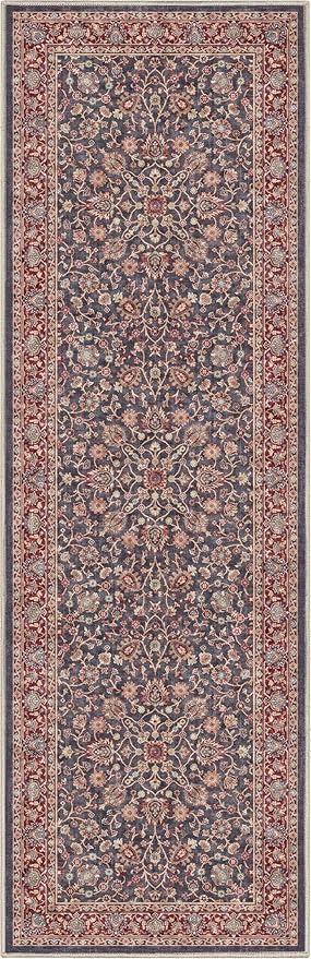 Well Woven Asha Rome Navy Blue Red 2'3" x 7'3" Runner Rug - Oriental Floral Pattern, Easy Clean, Floor-Friendly Backing - for Hallway, Entryway, and Kitchen