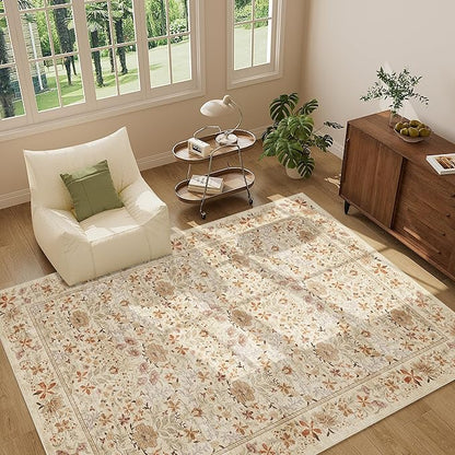 DUKINO 5x7 Area Rugs, Floral Washable Rugs for Bedroom with Non Slip Backing, Vintage Low Pile Indoor Floor Carpets for Bedroom, Living Room, Farmhouse, Home Office, Dining Room, Beige