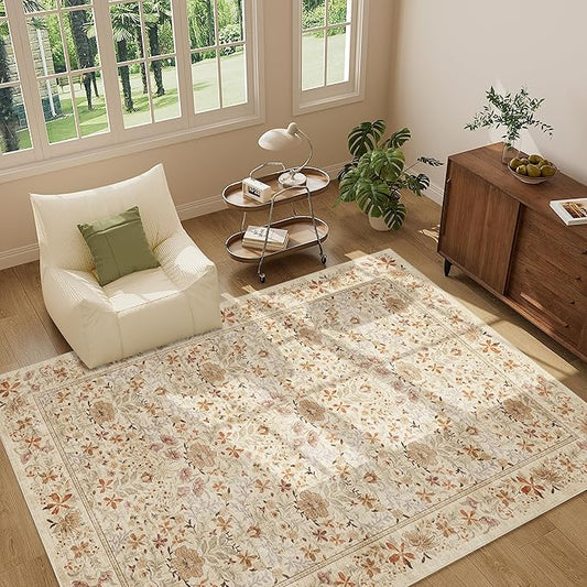 DUKINO 5x7 Area Rugs, Floral Washable Rugs for Bedroom with Non Slip Backing, Vintage Low Pile Indoor Floor Carpets for Bedroom, Living Room, Farmhouse, Home Office, Dining Room, Beige
