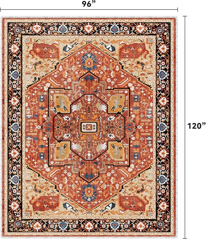 EnHomee 8x10 Washable Area Rugs for Bedroom, Boho Vintage Rugs, Foldable Area Rug for Dining Room, Non-Slip Soft Living Room Rug, Low Pile Large Carpet for Bathroom, Red