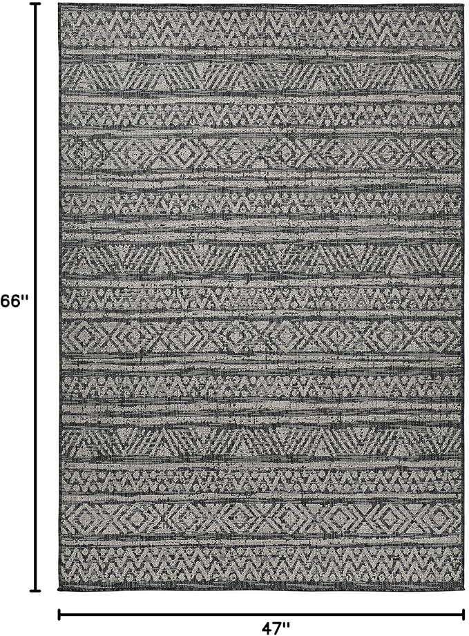 FH Home Flat Woven Outdoor Rug - Waterproof, Easy to Clean, Stain resistant - Premium Polypropylene Yarn - Striped Boho - Patio,Deck,Porch,Balcony, Laundry Room - Amman - Charcoal - 3ft 11in x 5ft 6in