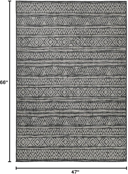 FH Home Flat Woven Outdoor Rug - Waterproof, Easy to Clean, Stain resistant - Premium Polypropylene Yarn - Striped Boho - Patio,Deck,Porch,Balcony, Laundry Room - Amman - Charcoal - 3ft 11in x 5ft 6in