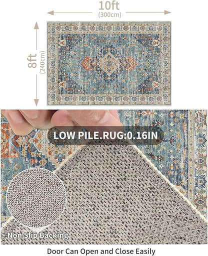 Enkor Area Soft Rugs 8x10 Washable Non Slip Boho Floor Rugs for Living Room Bedroom, Vintage Style Farmhouse Mat for Kitchen Entryway Green & Blue