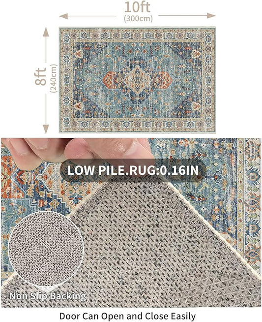 Enkor Area Soft Rugs 8x10 Washable Non Slip Boho Floor Rugs for Living Room Bedroom, Vintage Style Farmhouse Mat for Kitchen Entryway Green & Blue