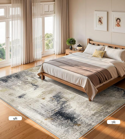 7x9 Washable Area Rugs - Modern Abstract Rugs for Living Room Non-Slip Low Pile Soft Machine Washable Carpet for Bedroom, Dining Room, Nursery, Home Office, Farmhouse (7'x9' Beige Tan)