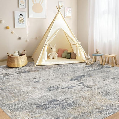 Square Area Rugs : Washable 8x8 Neutral Modern Abstract Carpet for Living Room Bedroom - Soft Floor Mat with Non Slip Backing for Kitchen Nursery Dorms Farmhouse Home Decor - Blue Grey