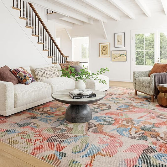 Dash & Albert Bloom Multi Machine Washable Rug, 9.5 X 13.5 Feet, Blue/Ivory Floral Pattern
